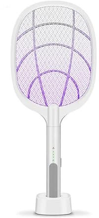 Electric Fly Swatter Racket 2-in-1 Rechargeable Fly Zapper 2500V Portable Bug Zapper with USB Charging Base & 6 Mosquito Killer Lamp for Outdoor & Indoor for Home, White