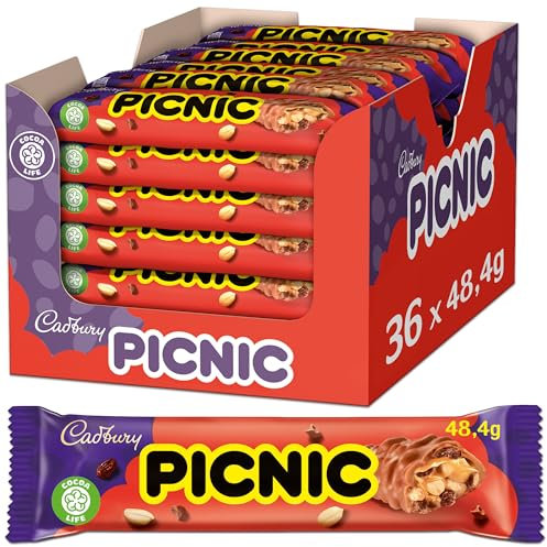 Cadbury PICNIC 36 x 48,4g, Schokoriegel Großpackung, Schokoladen Riegel mit Erdnüssen, Rosinen und Karamell, 37 einzeln verpackte Riegel