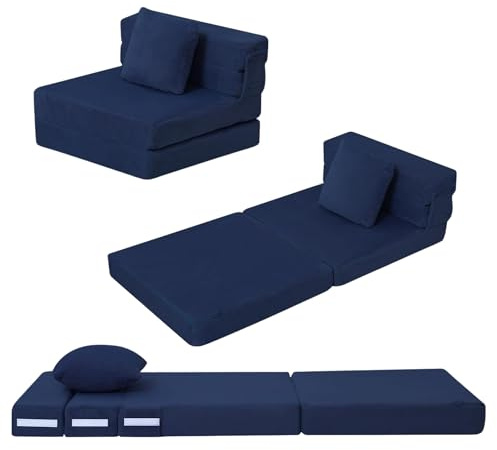 MeMoreCool Foldable Futon Chair Bed for Kids, Toddler Sofa Mattress, Convertible Foam Floor Couch, Tri-fold Sleeping Mattress (Navy)