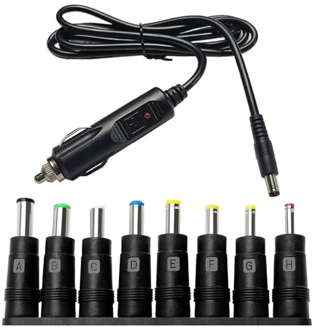 12V Cargador Conector Mechero Coche - Cargador de Coche Cable de alimentación Universal 5,5 x 2,1mm para Encendedor de Cigarrillos con 8 Conectores para Reproductor de DVD, GPS, TV, cámara