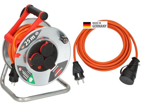 Brennenstuhl Garant S V2 IP44 Kabeltrommel 25m Outdoor & BREMAXX® Verlängerungskabel Orange 25m Kabellänge, Stahlblech, kurzfristiger Einsatz im Außenbereich