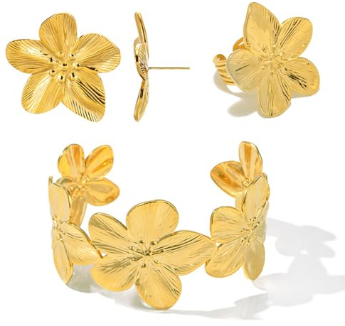 ZENGSING Bracelet Manchette Ouverte, Réglable Bague, Fleurs Boucles D'oreilles, Parure Bijoux Ensemble Fleurs Glamour, Or Parure de Fleurs pour Femmes Filles, Cadeaux pour les Anniversaires et Noël