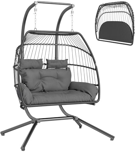 Outsunny Hängesessel mit Gestell faltbar Hängekorb mit Kissen Polyrattan Ergonomisch Hängeschaukel für 2 Personen Outdoor Hängestuhl belastbar bis 260kg Sessel für Balkon Terrasse Dunkelgrau