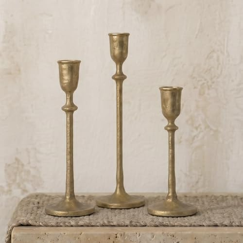 Antique Brass Candlestick Holders Set of 3, Cast Iron Taper Candle Holder for Dining Table Centerpiece, Wedding, Fireplace Mantel Decor, Vintage Tall Candle Stands, Christmas Decorations