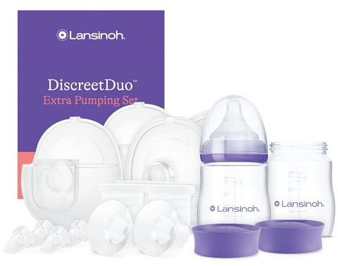 Lansinoh DiscreetDuo Extra Pumping Set | Hands-Free Wearable Breast Pump Accessories | Portable Replacement Kit with Milk Collection Cups, Flanges, Valves & Bottles (Pump Not Included)