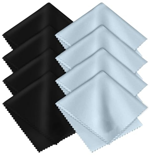 8-pack premium microfiber cleaning cloths — ultra-soft, streak-free, lint-free, suitable for glasses, screens, cameras, mobile phones, and televisions (black/light blue, 6 inches × 7 inches)