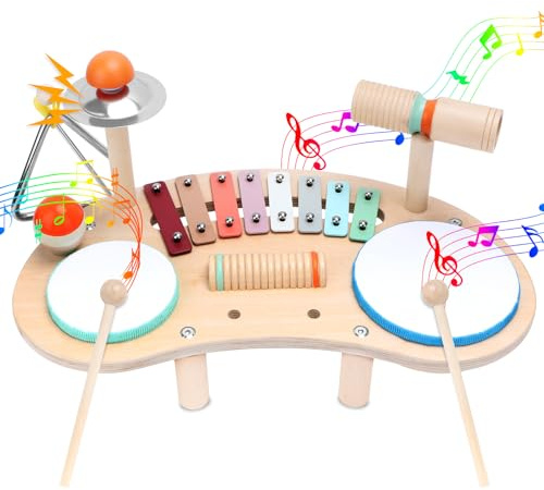 9 In 1 Set di Batteria in Legno per Bambini, Strumenti Musicali in Legno Per Bambini Piccoli, Set di Batteria Xilofono Educativo Bambinis, Regali Feste e Compleanni per Bambinis dai 3 Ai 6 Anni
