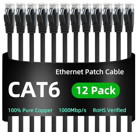 Yauhody Ethernet Cable 5m 12Pack, Internet Cable Cat 6 5m 12Pack, Black | TIA/EIA 568-C.2 Compliant, RoHs, Snagless High Speed Gigabit Network LAN Patch Lead for Server, Router, Modem, TV, PC, Gaming