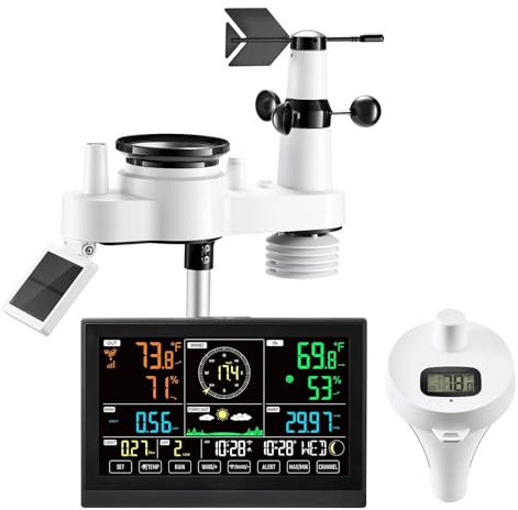 7-in-1 Wi-Fi Weather Station with Outdoor Sensor, 7.5 Color Display, Solar Powered, Monitors Pool Temperature, Wind, Rain & Forecasts via Smartphone App