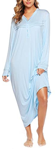 Vlazom Women's Long Nightgowns V Neck Button Down Sleep Shirt Soft Nightdress Sleepwear Loungewear S-XXL