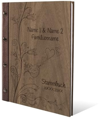 Personalisiertes Stammbuch Hochzeit aus echtem Holz mit Leder Rücken A5 oder A4 inkl. vorgedruckten Seiten - Liebesbaum