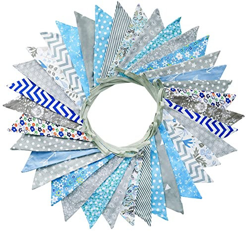 G2PLUS Süße Beidseitig Wimpel Girlande, 10M Bunting Wimpelkette Stoff, Blau und Grau Stoffgirlande mit 36 STK Farbenfroh Wimpeln für Hochzeits Geburtstag Party