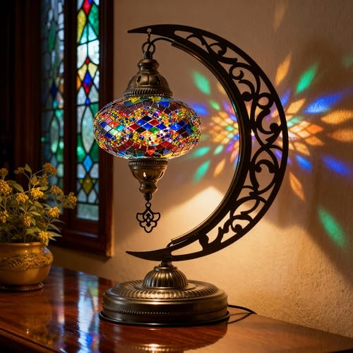 Mozaist Turkish Lamp, Unique Lamps, Moon Shaped Mosaic Table Lamp, Moroccan Handmade Antique Bohemian Vintage Lamp Shade, Tiffany Desk Bedside Stained Glass Lamp with US Plug and E12 Socket