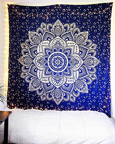 raajsee Blue Gold Mandala Tapestry - Indie Hippie Room Decor - Boho Wall Hanging for Bedroom Aesthetic - Trippy Cute Wall Art Twin (52x82 Inches / 132x208 Cms)