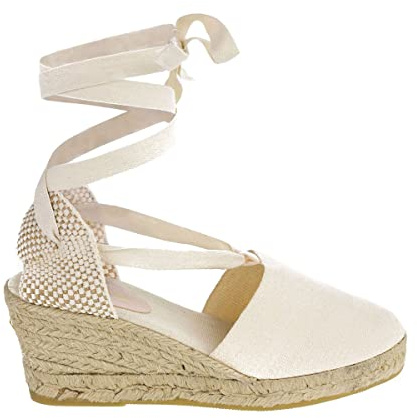 PAYMA - Sandalias Clásicas Cuñas de Esparto Yute de Mujer con Cintas al Tobillo. Hechas en España. Esparteras de Altura Media. Planta Acolchada en Tela. Atadas al Tobillo. Color: Beige, Talla: EU 40