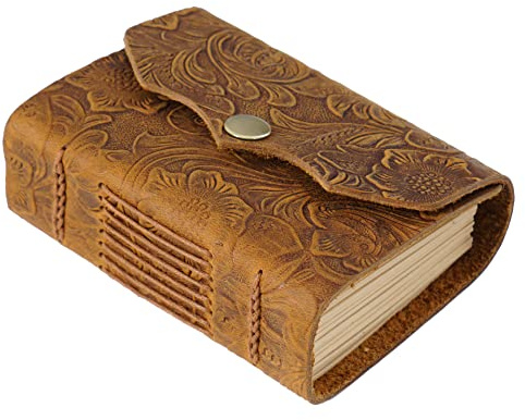 Acidea Leather Journal Notebook, 4.3X3 Pocket Notebook, 320 Pages Kraft Paper Embossed Journal Diary, Small Leather Journal for Writing, Mini Handmade Unlined Leather Scrapbook, Gift for Women Men