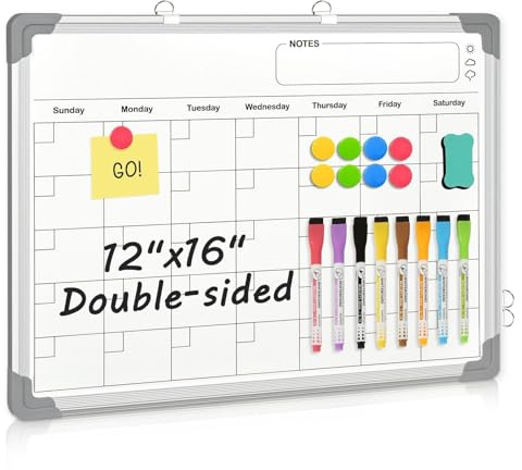 AMUSIGHT Whiteboard Calendar Dry Erase Calendar for Wall, 16 x 12 Small Magnetic Dry Erase Board Hanging Double-Sided, Calendar Whiteboard for Drawing, Kitchen, Planning, Memo, Home, Office