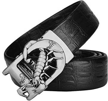 JIARY Gürtel Ratsche Automatik Belt, Geschnitztes Gold Buchstabe D & Skorpion Tier Automatikschließe Verstellbarer Ledergürtel Für Herren Damen,Black Silver,110CM/43.3''