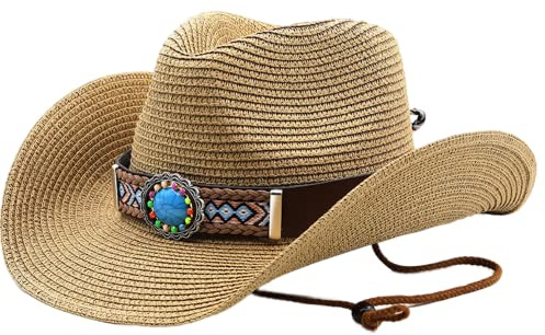 Cappello di paglia da cowboy, cappello da sole Cowgirl Cappello da cowboy con cappello da uomo Women Straw Cowgirl Cappello da sole Vintage Nationality Style Roll Up Cappello da spiaggia estivo