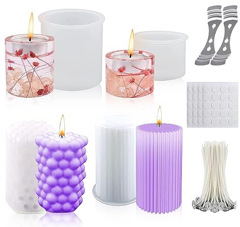 ZIOYA 4 Pièces Moule Bougie Silicone 4 Tailles Moule Bougie Silicone 3D DIY Moule Bougie Avec 100 Mèches DeBougie pour La Fabrication De Bougie D'aromathérapie Bougies Versant Des Moules