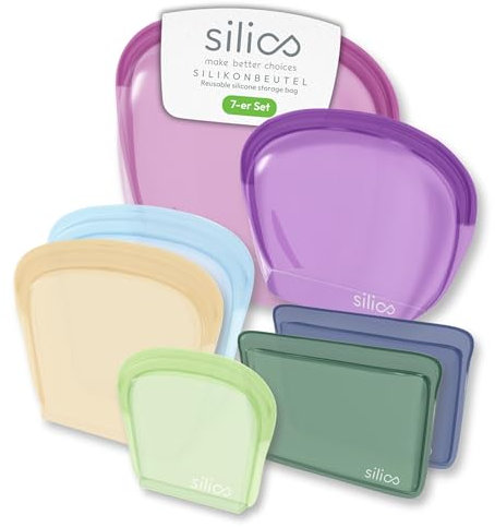 Silics® Wiederverwendbare Gefrierbeutel Family (7er-Set) Bunt - Silikonbeutel für Lebensmittel, Spülmaschinenfest, Sous Vide und Mikrowellengeeignet