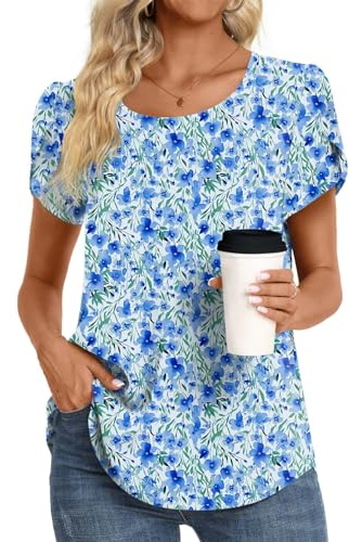 HOTGIFT Womans Summer Dressy Chiffon Blouses for Leggings Short Sleeve Tunic Tops Casual T-Shirts Ink Blue Flower 3X-Large