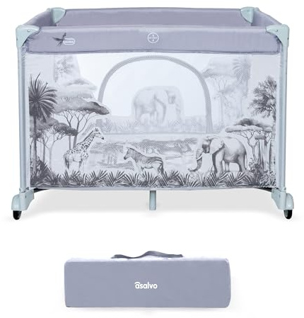 Asalvo SQUARE Parque Infantil Bebé Cuadrado y Plegable 93x93 cm, Corralito Bebe con Malla Transpirable, Parque de Juegos Bebe, Parque Bebés, Base acolchada y Bolsa de Transporte, Selva Gris