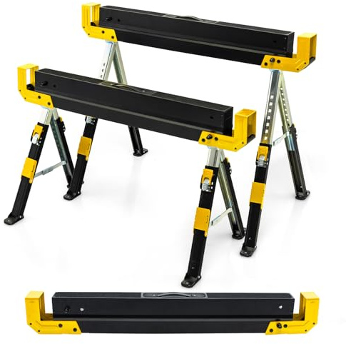 GOPLUS Lot de 2 Chevalets de Sciage Pliable, Chevalets de Sciage en Acier avec avec 9 Niveaux Hauteur Réglable, Poignées de Transport, Pied Antidérapant, Chage 1180kg pour Garage, Maison (Jaune+Noir)