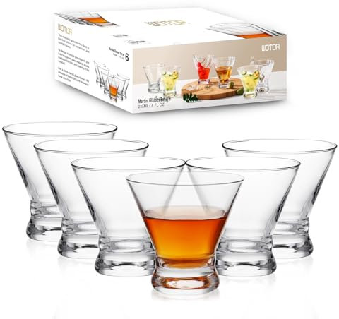 WOTOR Set de 6 Verres à Martini Sans Pied, 230 ml, Verres à Cocktail Élégants pour Bar, Verres à Margarita Courts et Modernes