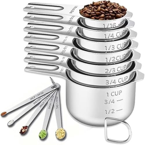 12PCS Measuring Cups and Spoons Set, 7 Stainless Steel Nesting Measuring Cups & 5 Mini Measuring Spoons, Metal Kitchen Gadgets for Cooking Baking, Dry and Liquid Ingredients Measurement