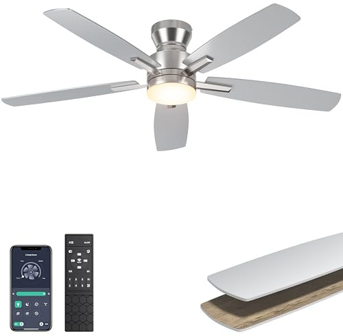 Ohniyou Ceiling Fans with Lights, 52'' Low Profile Ceiling Fan with Light and Remote/APP Control, Modern Flush Mount Ceiling Fan for Indoor Bedroom Living Room, Dimmable, Qiuet DC Motor, Silver