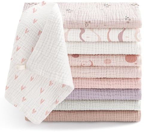 Bearmoss10 Stück Baby Musselin Waschlappen Moltontücher 100% Baumwolle Weiche Spucktücher Baby,Atmungsaktiv und Extrem Saugfähig Musselin Tuch für Saugstark Mulltücher 25 x25cm(Rosa-Violett)