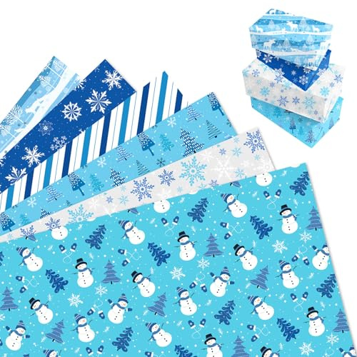 MORAINJAY 12 Feuilles Papier Noël, Papier Cadeau Noel Bonhomme Neige Bleu, Emballage Cadeau pour Enfants, Garçons et Filles, Anniversaire, Hiver et Fêtes, 68 x 50 cm