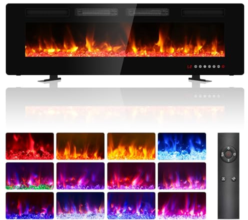 60 inch Ultra Thin Electric Fireplace, Freestanding, Recessed or Wall Mounted, 1500W Energy Efficient Heater with Realistic 3D Crystal Flame Effect, Remote Control & Touch Panel, 750W/1500W, UKCA/CE