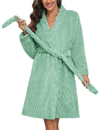 Ekouaer Women Soft Robe Short Knee Length Fleece Robes Winter Thick Sleepwear Warm Plush Bathrobe with Pockets Grey Green L