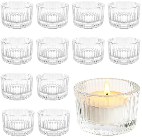 12 mini Portacandele Votivi Vetro Trasparente Set Perfetti per Matrimoni, Feste, Decorazioni da Tavolo e Centrotavola, Interno ed Esterno (Trasparente)