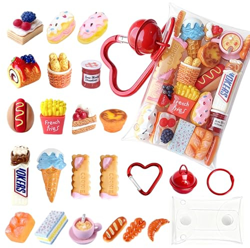 BQLYblink Set de 20 Comidas y Bebidas en Miniatura, Miniaturas de Comida Juguete para Casa de Muñecas 1/12, Accesorios de Cocina Miniatura en Resina, con Bolsa de PVC Transparente, Llavero y Campanita