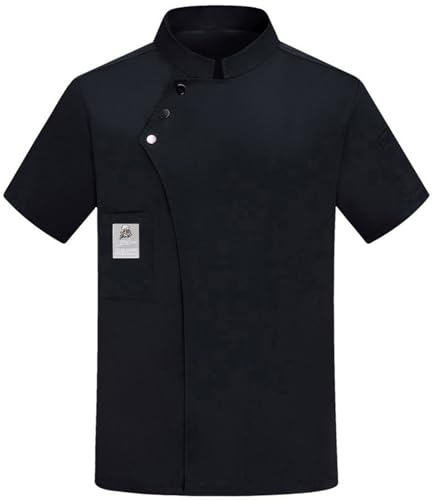 Chef Top Men And Women's Chef's Jacket Lightweight Short Sleeved Stand Up Collar Solid Color Pocket Button Dining Workwear Plus Size Baking Uniform Shirt (Black, L)