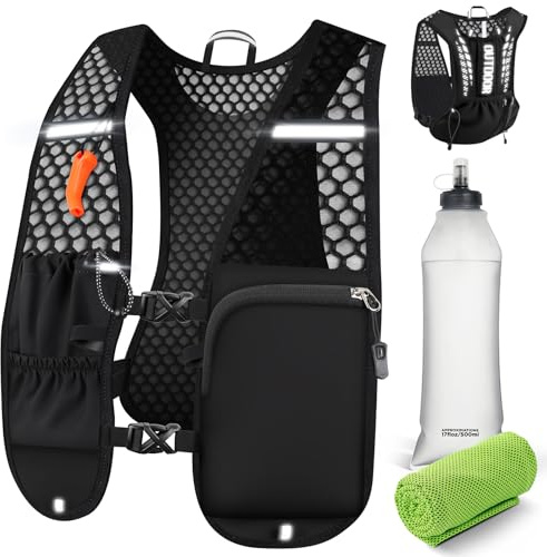 EFFILUMLUX Gilet Running Uomo Donna Ultralight 160g, Gilet Trail Borraccia 500ml, Zaino Running Idratazione Regolabile Riflettente Fischietto Tasche per Telefono, Corsa Trail Running Maratona Trekking