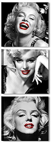 Quadri L&C ITALIA Marilyn Labbra Rosse - Quadri Moderni Soggiorno Cucina Ufficio 3 Quadretti 25 x 25 Stampe su Tela da Parete Bianco Nero