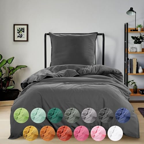 Ropa de cama Renforce lavado a la piedra, 155 x 220 y 80 x 80 cm, 100 % algodón, color gris oscuro OekoTex, suave, moderno aspecto usado, aspecto de lino