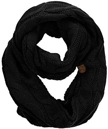 C.C Women's Winter Cable Knit Sherpa Lined Warm Infinity Pullover Scarf, Black