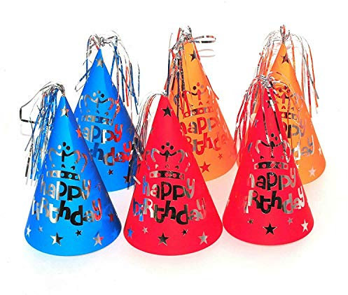 Happium Happy Birthday Party Hats Paper Cone with Foil Top Pack of 10, Colorful Festive Caps for Fun Celebrations
