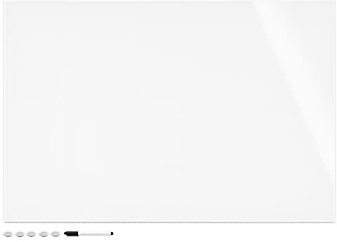Navaris White Glass Board for Wall - 16 x 24 Frameless Magnetic White Board for Home, Office, Kitchen, School, Learning - Includes 5 Magnets, Marker