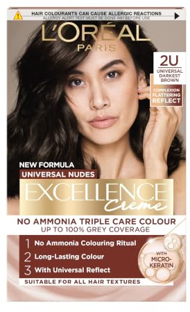 L'Oréal Paris Excellence Universal Nudes Hair Colour, Ammonia-Free, Micro-Keratine, Triple Care, 100% Grey Coverage, Radiance Boosting, 2U Universal Darkest Brown