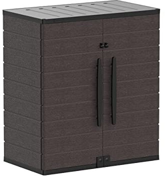 Duramax Cedargrain Schrank kurz aus Kunststoff, 2-türiger Schrank mit 2 Regalen, Gartenschrank, abschließbarer Außenschrank, wasserfester Kurzschrank, Aufbewahrungsbox für den Garten, Braun