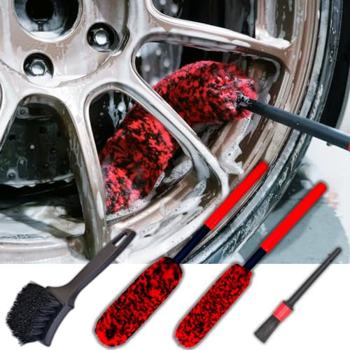 Cepillos de rueda para limpiar ruedas (paquete de 4) – 2 cepillos suaves de limpieza de ruedas, cepillo de detalles y cepillo rígido para neumáticos, kit de cepillo duradero para llantas de coche para