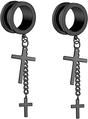 Gualiy 2 Piezas Dilatadores Orejas Acero, Dilatacion Orejas 6-25mm con Cadena y Cruz Colgante Negro Plata Expansor de Oreja