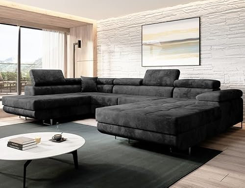 Moderno Ecksofa mit Schlaffunktion und Bettkasten VARBERG - Sofa mit Robusten Überzug - Schlafcouch U-Form - Modern Couch - 72x345x205 cm - Links Graphit
