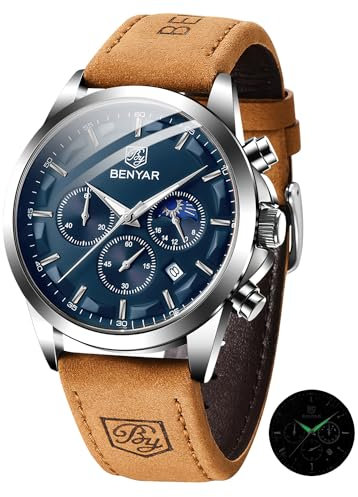Benyar Herrenuhr Uhren Herren Wasserdicht Herrenuhren Chronograph m?nner Armbanduhr für Herren Eleganz Lederarmband/Edelstahl Quarz Geburtstags/Weihnachts Gold/Silber/Blau/Schwarz